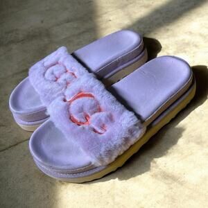UGG Laton Fur Casual Comfort Slip-On Open Toe Flat Slide Sandal Purple Size 7